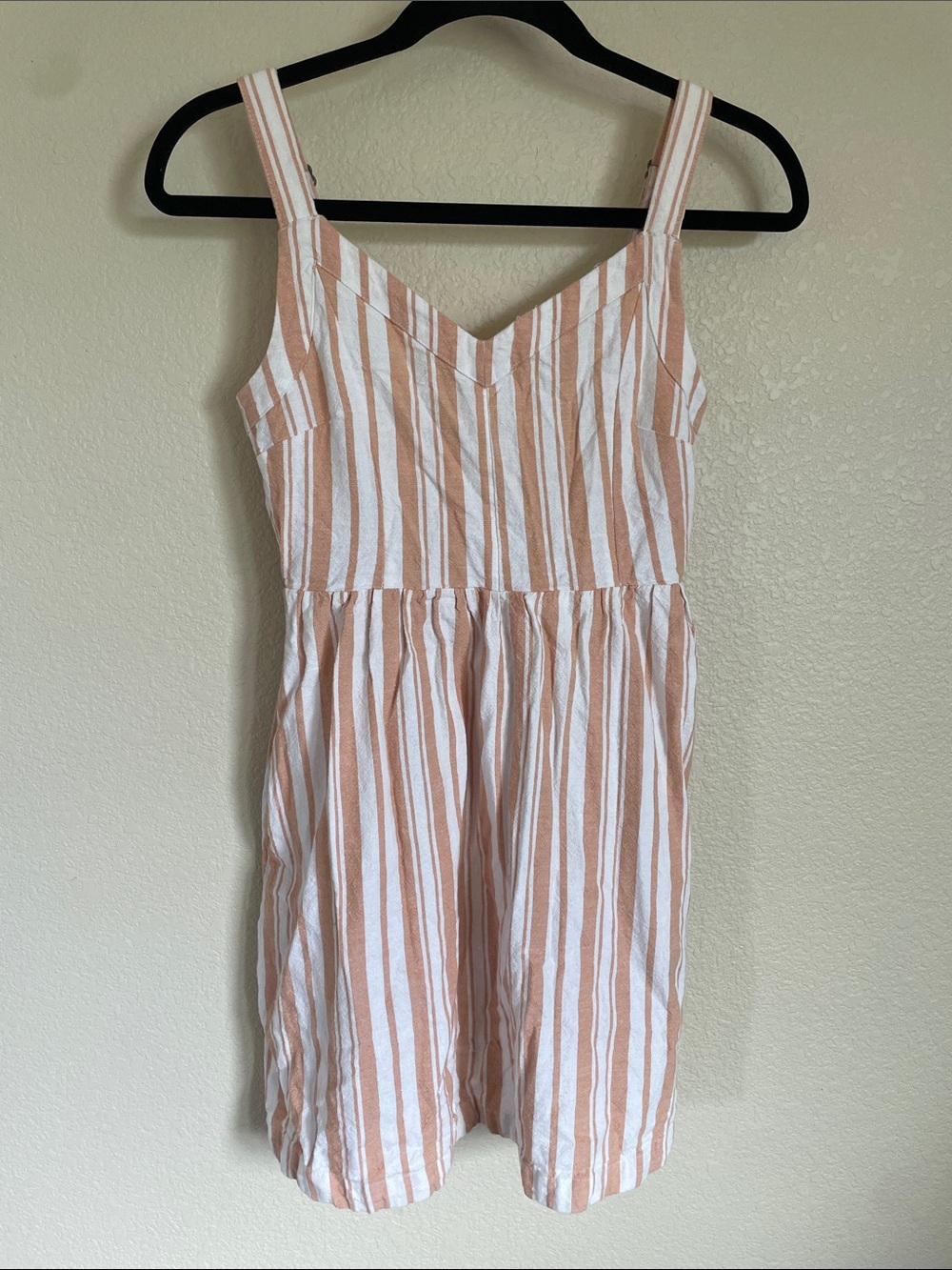 Roxy Cotton Linen Pink and White Striped Mini Dress S Beachy V-Neck Strappy